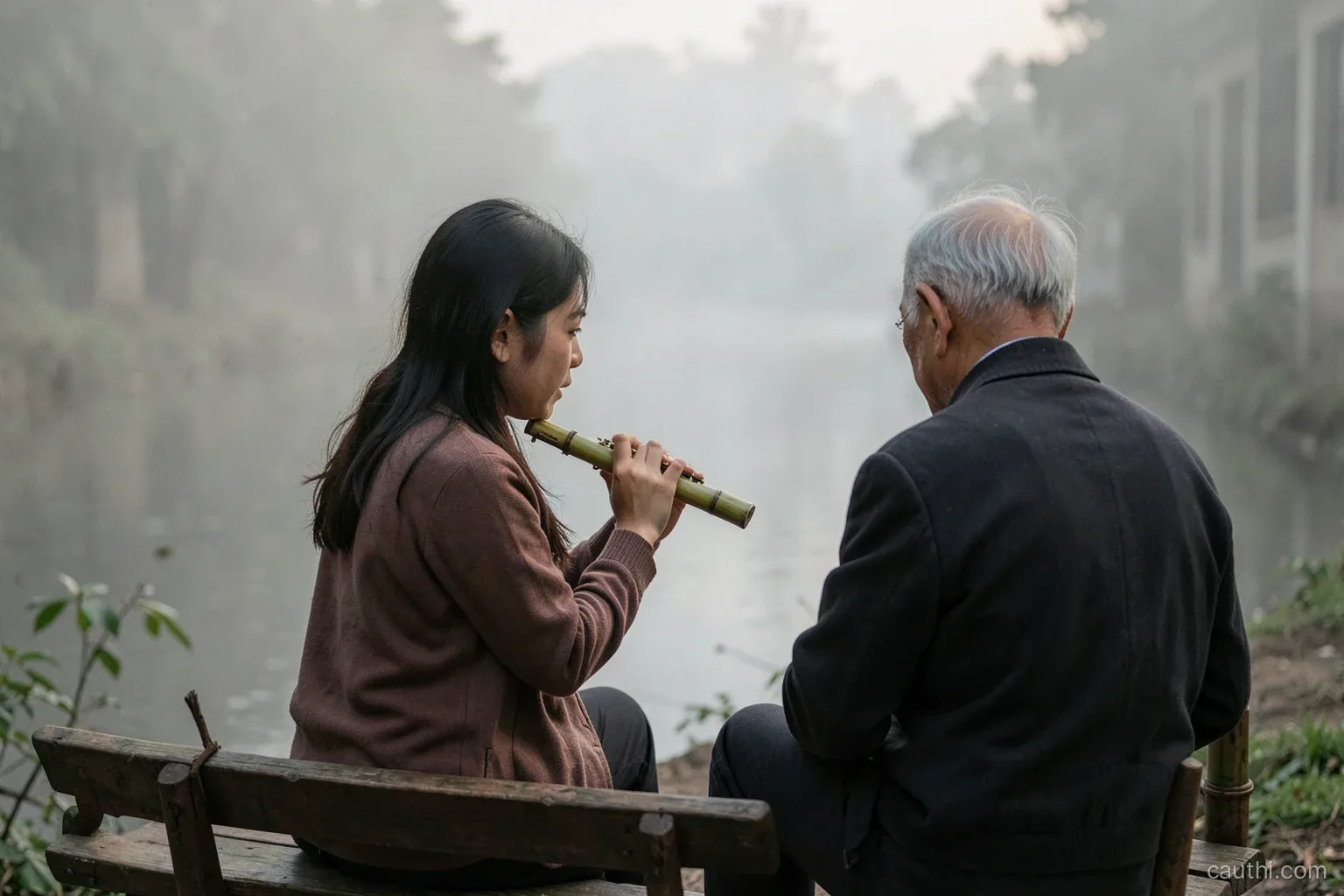 A young woman practices a bamboo flute on a quiet riverside bench at early morning while an older man nearby listens with his head tilted, seen from behind, mist over water