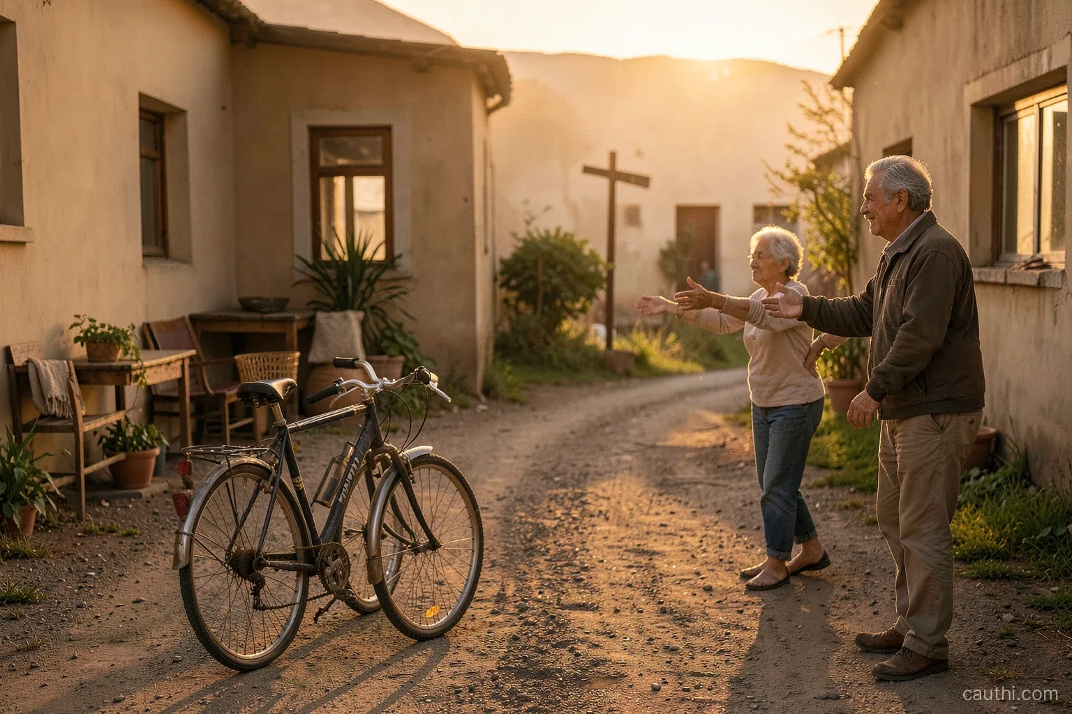 A young woman standing firm at a rural crossroads at sunrise, a bicycle beside her, while two older relatives gesture toward a different path, seen from a distance