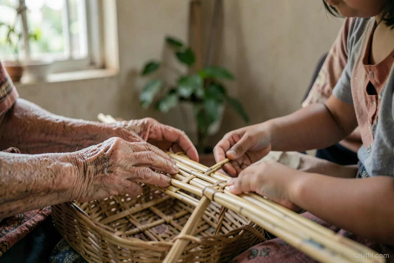 Close-up of weathered hands of an old woman teaching a young girl to weave a bamboo basket on a porch, strips of bamboo across their laps, soft afternoon light