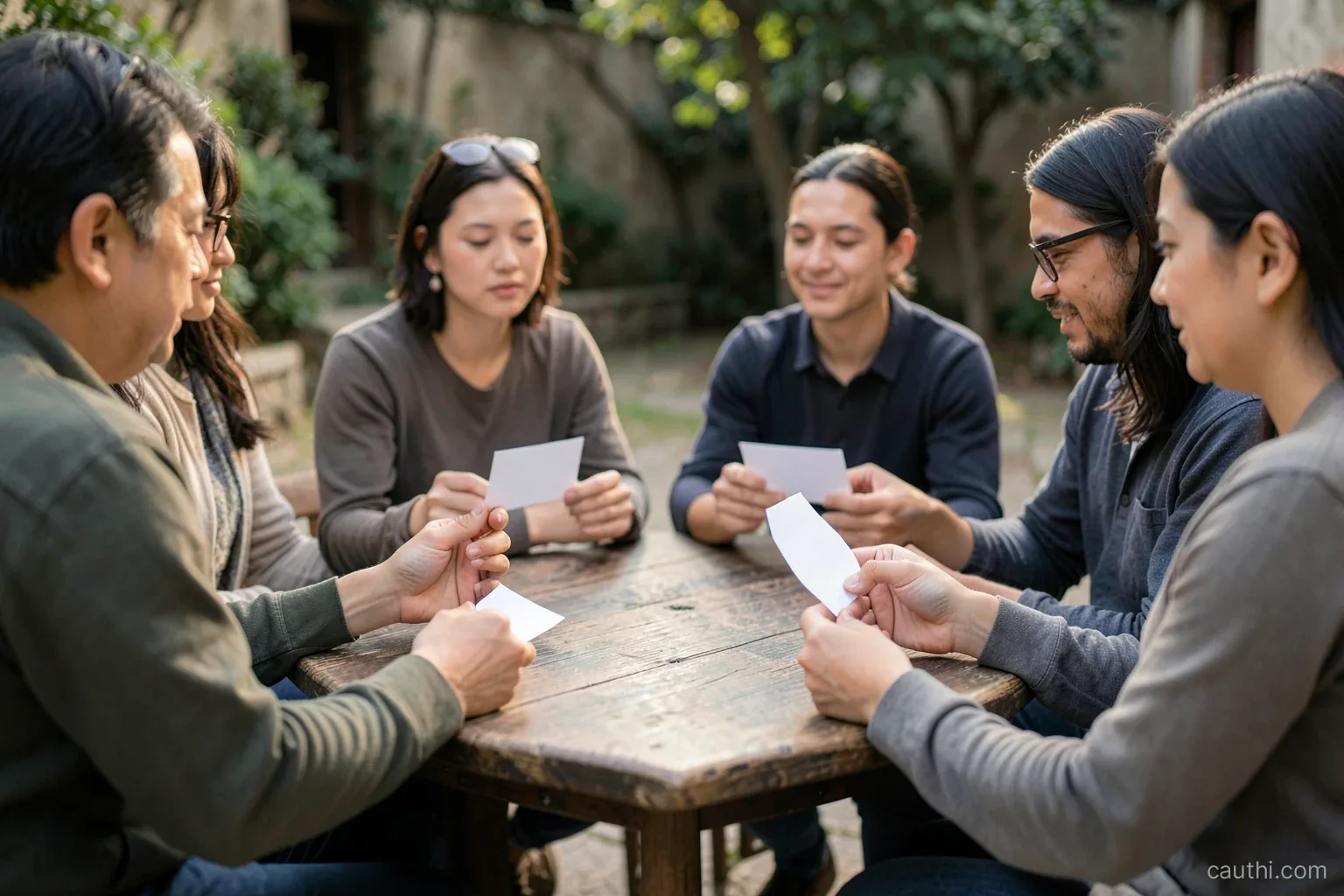 Four people sitting around a low wooden table in a quiet courtyard, each holding a small blank card, hands and cards in focus, faces out of frame, soft afternoon shade