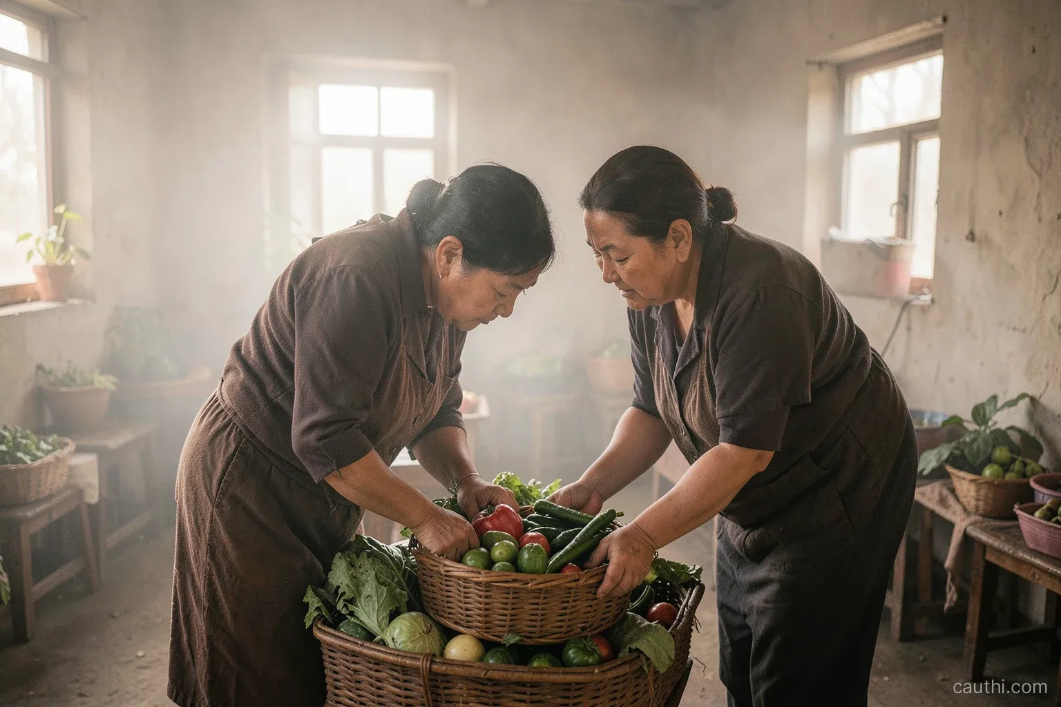 Wide shot of a quiet rural market at early morning, a vendor and a customer bent together over a basket of vegetables examining them closely, mist and soft pastel light