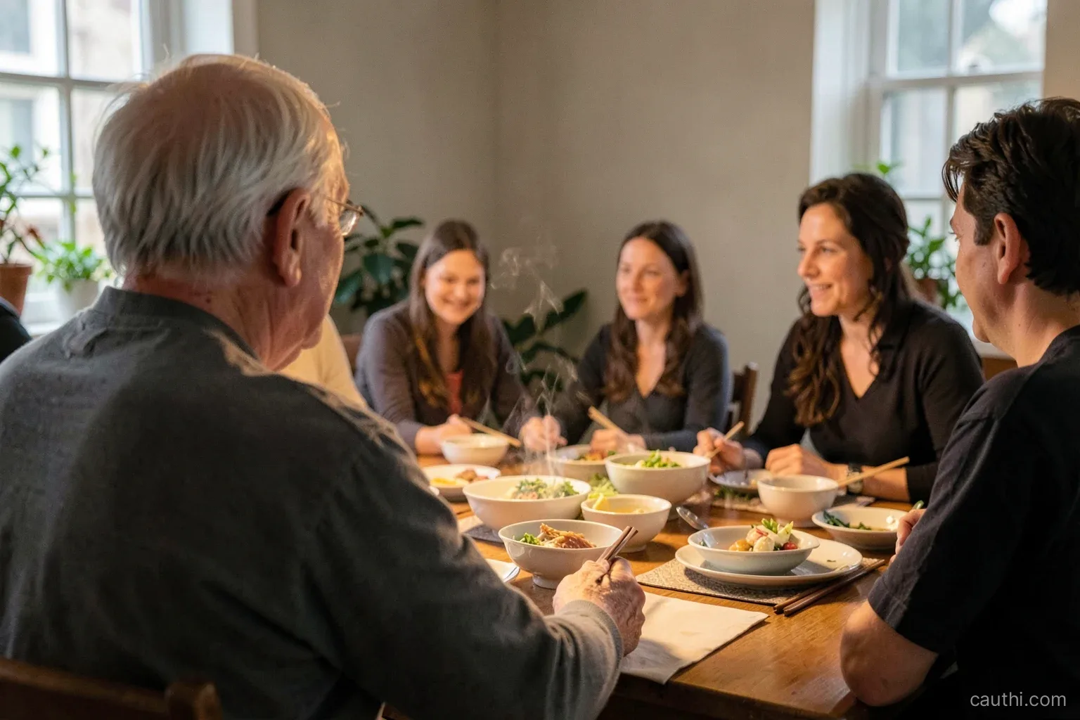 Over-the-shoulder view of a grandfather at a kitchen table pausing before speaking to his family at dinner, steaming bowls and chopsticks, warm lamp light, faces turned away