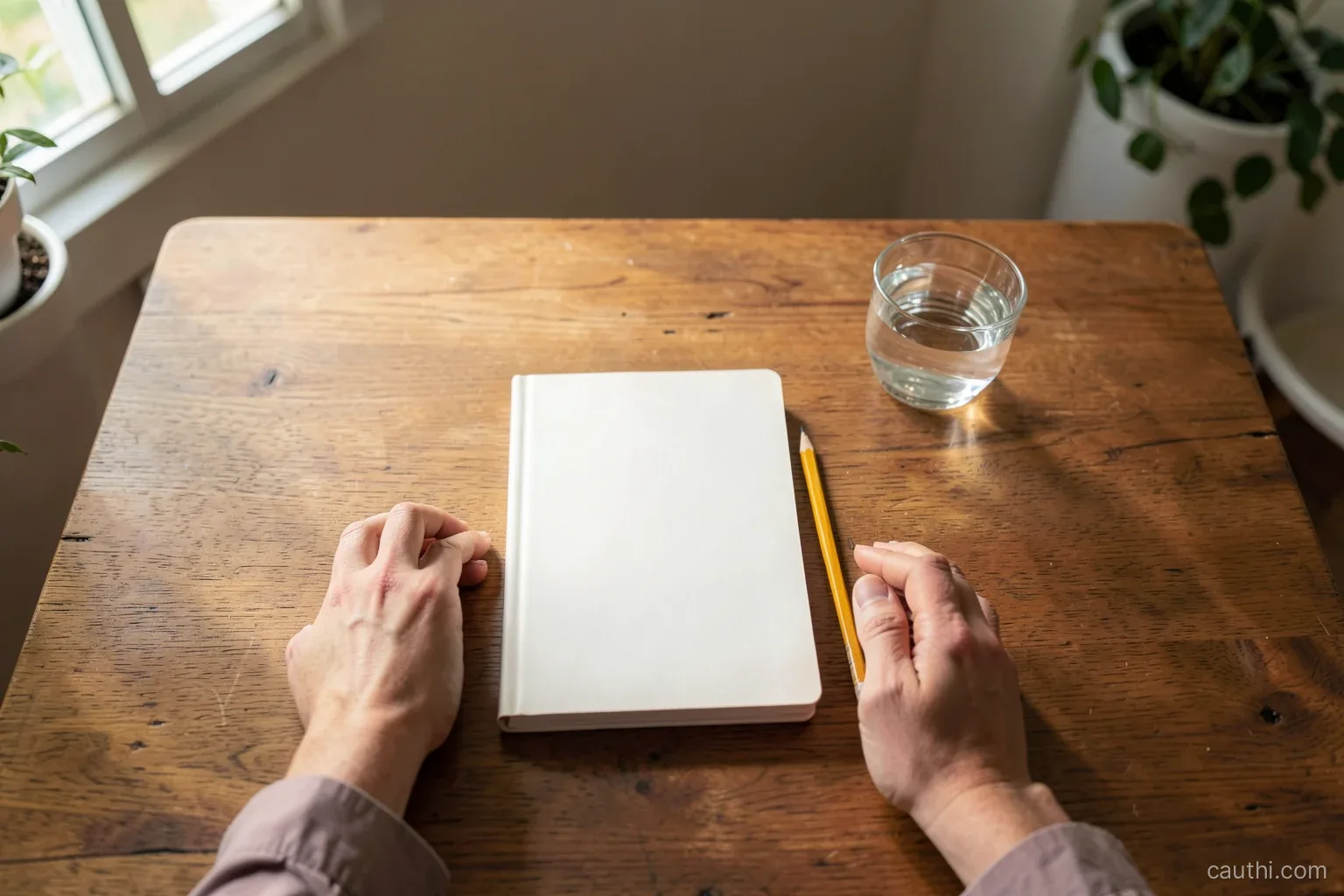 Top-down view of a wooden table at dawn with a plain closed notebook, a pencil and a glass of water, a person's hands resting beside them, soft window light