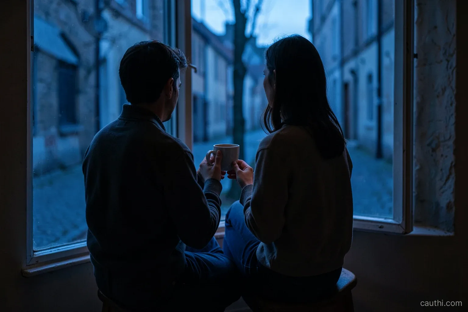 A person sitting alone on a low stool by an open window at dawn, holding a cup of tea with both hands, gazing at a quiet alley, seen from behind, soft blue light