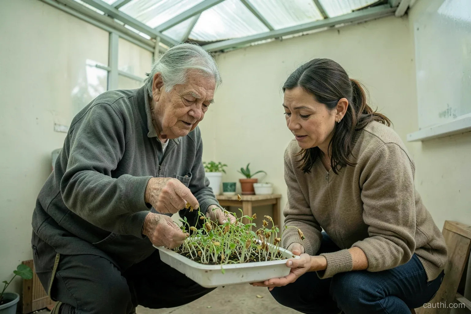 Inside a small plastic-roofed nursery, an older neighbour points at a tray of wilted seedlings while a middle-aged woman crouches to look closer, diffused green light